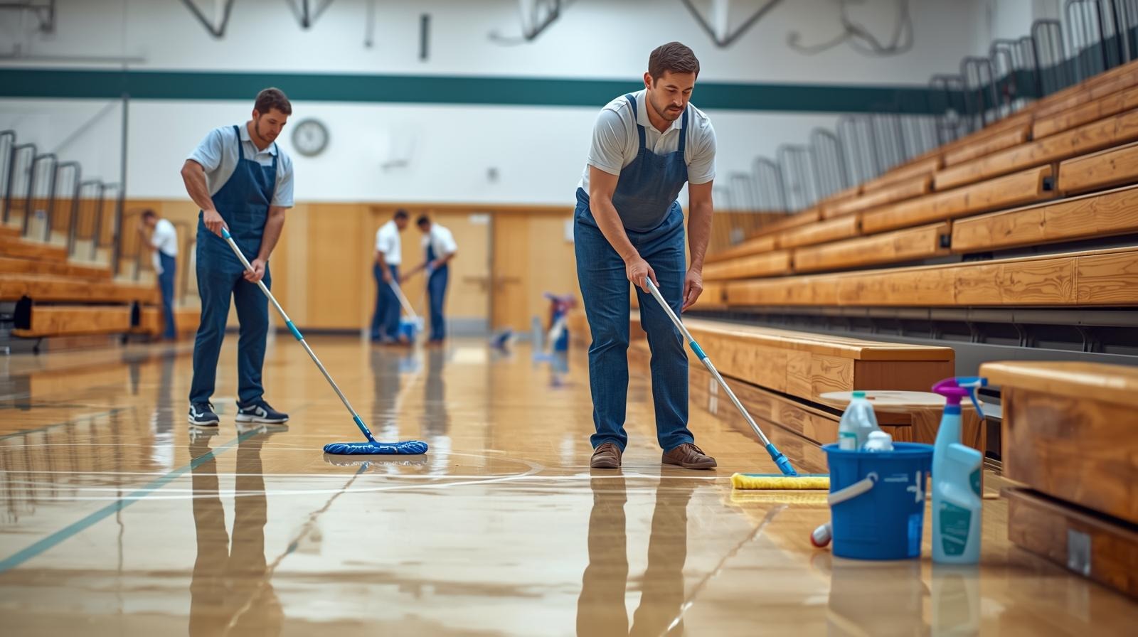 A diverse group of Caucasian men, all appearing to be professional cleaners, are depicted in a well-lit, spotless gymnasium. The image showcases them in action, with one man diligently polishing the gleamin